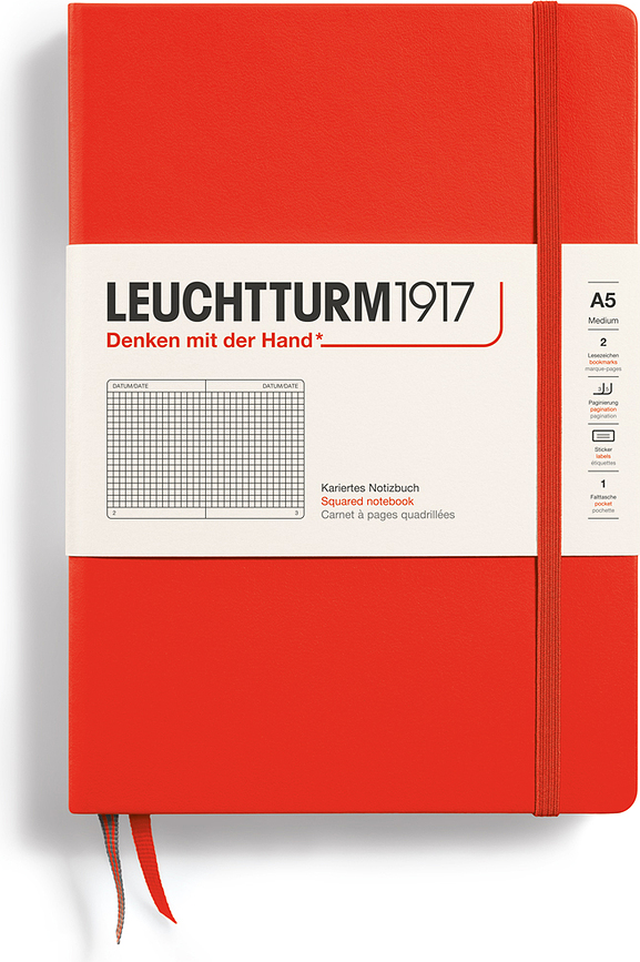 Leuchtturm 1917 Zvezek v trdi vezavi, A5, 251 strani, rdeč, 80 g/m², karirast