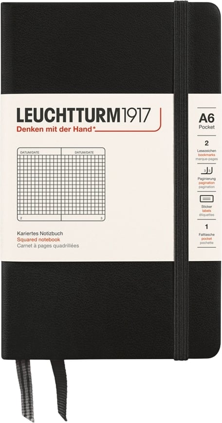 Leuchtturm 1917 Zvezek v trdi vezavi, A6, 187 strani, črn, 80 g/m², karirast
