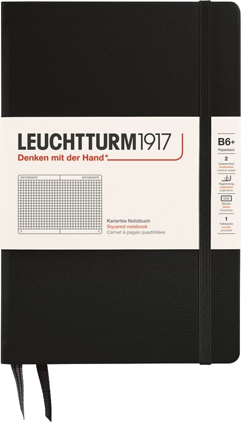 Leuchtturm 1917 Zvezek v trdi vezavi, karirast, B6+, 219 strani, črn, 80 g/m²