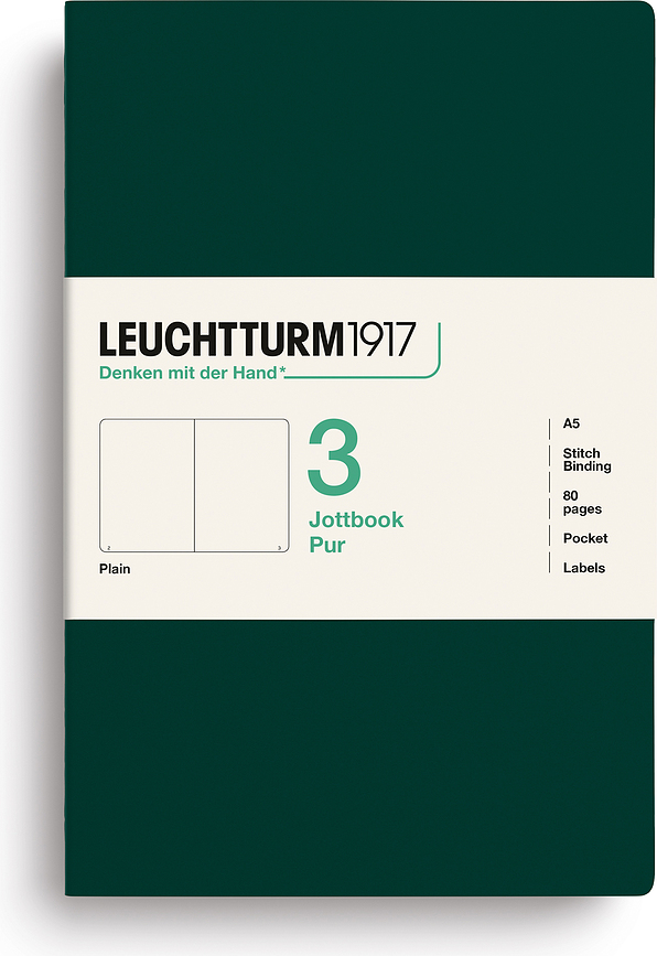 Notesuri netede cu copertă flexibilă Jottbook Pur A5 verde închis 80 g/m², 3 buc.