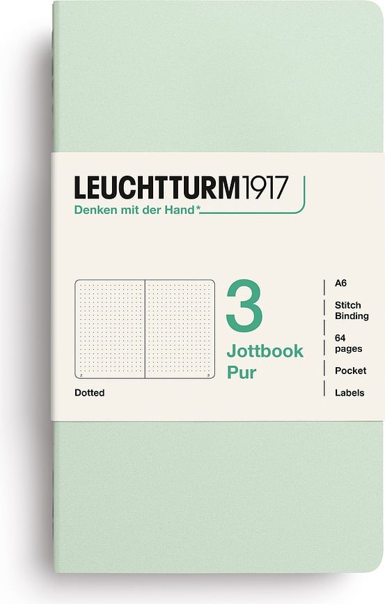 Täpilised märkmikud Jottbook Pur A6, painduvas köites, mündirohelised, 80 g/m², 3 tk