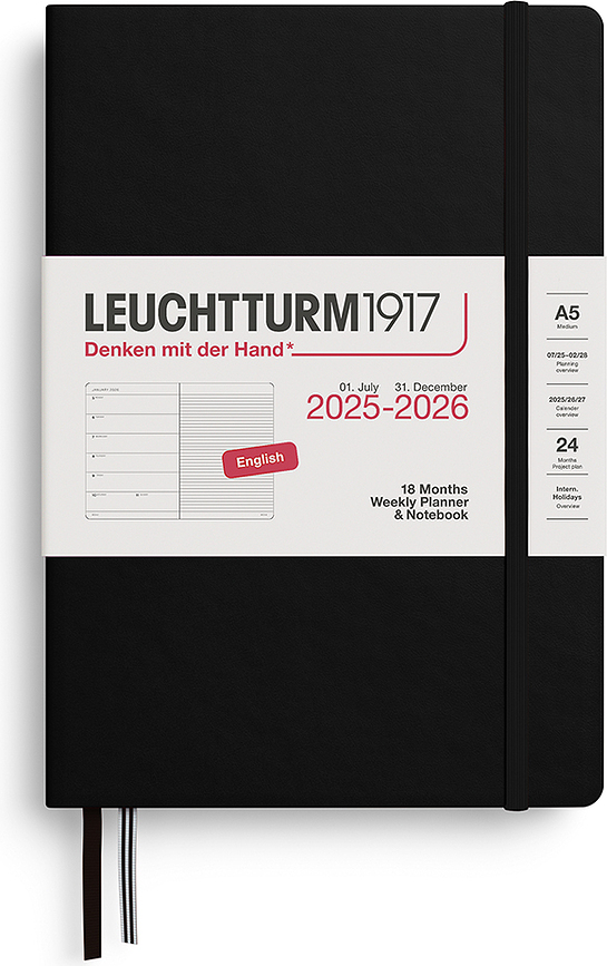 Тижневий планер з блокнотом у лінію в твердій обкладинці Leuchtturm 1917 2025/2026 18M EN A5