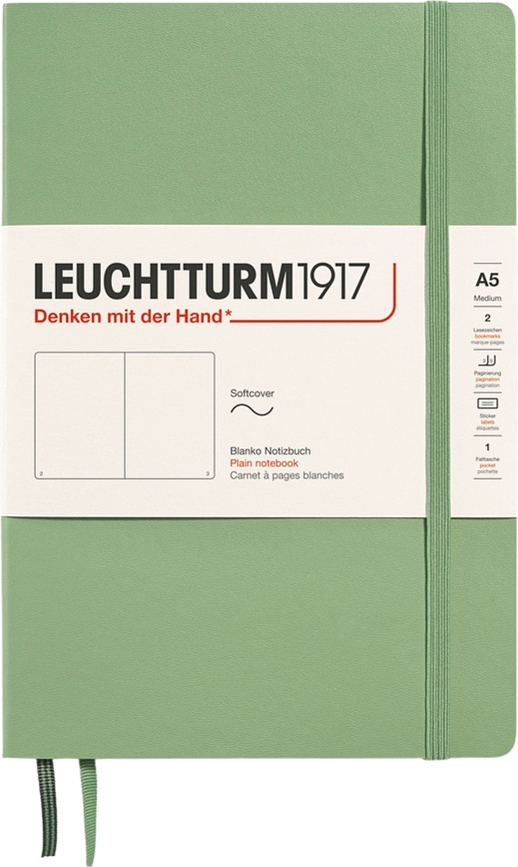 Užrašų knygelė Leuchtturm 1917 A5, 123 puslapiai, minkštais viršeliais, lygi, šalavijo žalia, 80 g/m²