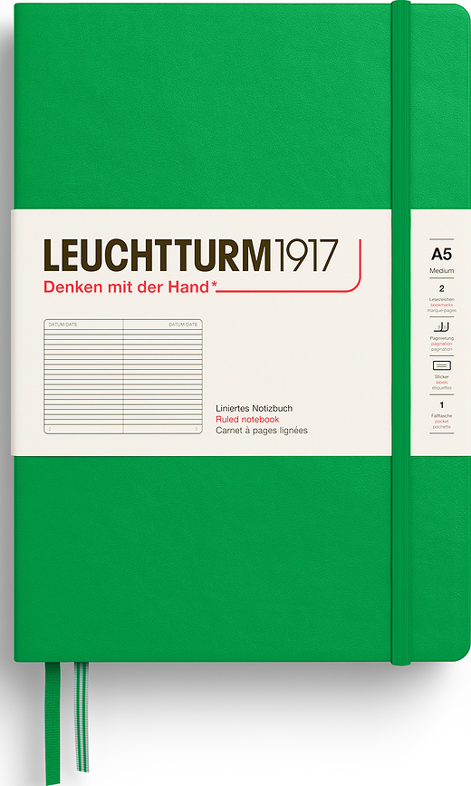 Užrašų knygelė Leuchtturm 1917 A5, linijomis, kietu viršeliu, 251 psl., šviesiai žalia, 80 g/m²