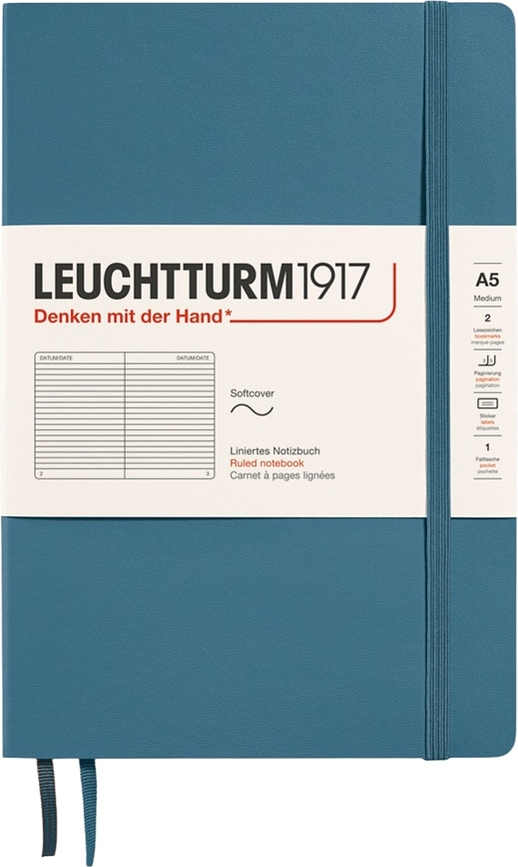 Užrašų knygelė Leuchtturm 1917 A5, linijomis, minkštais viršeliais, 123 puslapiai, melsvai pilka, 80 g/m²