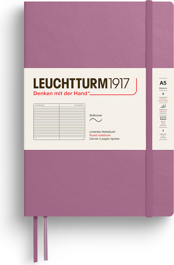 Užrašų knygelė Leuchtturm 1917 A5, linijomis, minkštais viršeliais, 123 puslapiai, purvinai rožinė, 80 g/m²