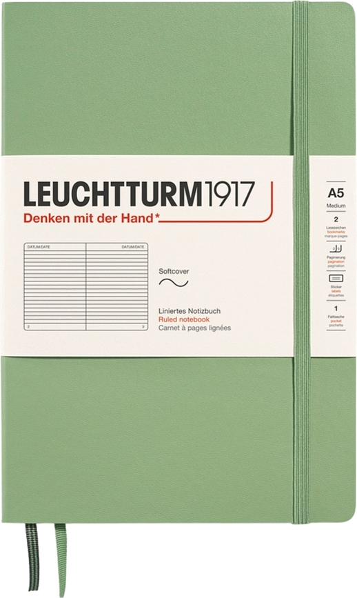 Užrašų knygelė Leuchtturm 1917 A5, linijomis, minkštais viršeliais, 123 puslapiai, šalavijo žalia, 80 g/m²