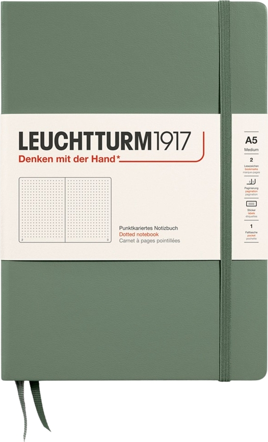 Užrašų knygelė Leuchtturm 1917, kietais viršeliais, taškuota, A5, 251 psl., alyvuogių spalvos, 80 g/m²