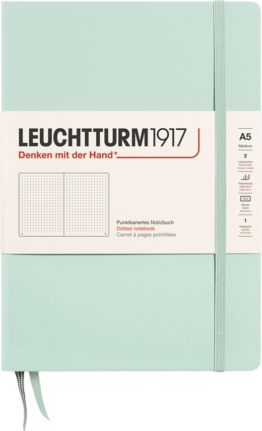 Užrašų knygelė Leuchtturm 1917, kietais viršeliais, taškuota, A5, 251 psl., mėtų spalvos, 80 g/m²