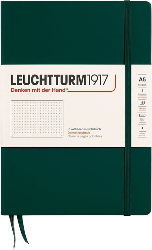 Užrašų knygelė Leuchtturm 1917, kietais viršeliais, taškuota, A5, 251 psl., miško žalia, 80 g/m²
