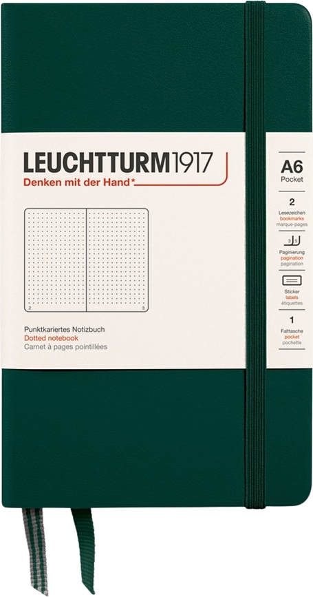 Užrašų knygelė Leuchtturm 1917, kietais viršeliais, taškuota, A6, 187 psl., miško žalia, 80 g/m²