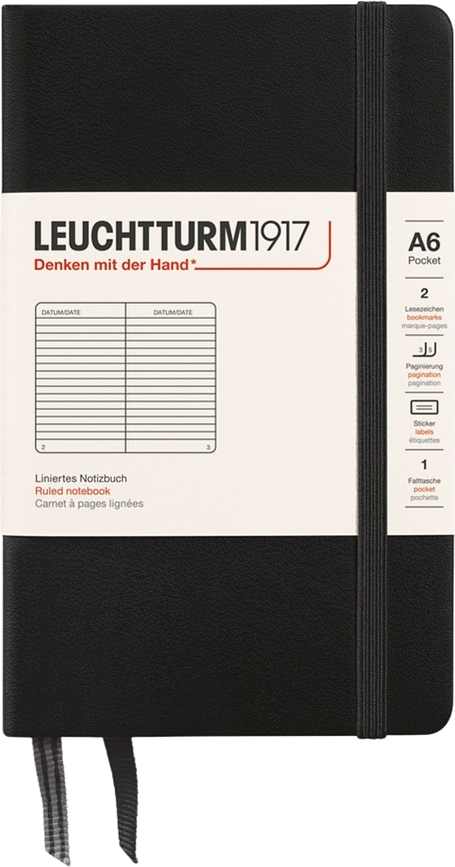 Užrašų knygelė Leuchtturm 1917, linijomis, kietu viršeliu, A6, 187 psl., juoda, 80 g/m²