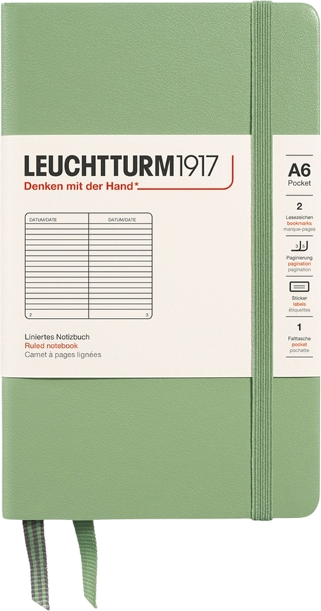 Užrašų knygelė Leuchtturm 1917, linijomis, kietu viršeliu, A6, 187 puslapiai, šalavijo žalia, 80 g/m²