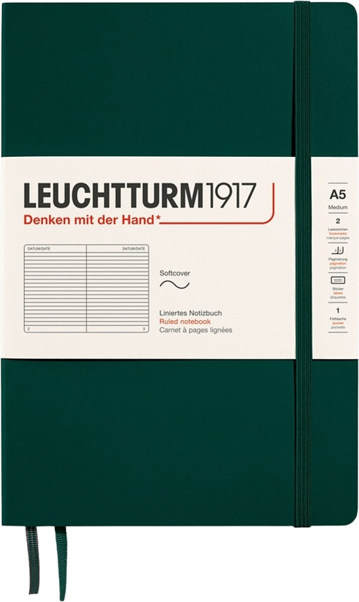 Užrašų knygelė Leuchtturm 1917, minkštais viršeliais, linijomis, A5, 123 puslapiai, miško žalia, 80 g/m²