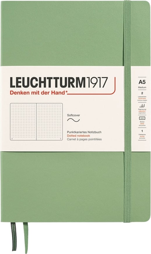 Užrašų knygelė taškuotais lapais minkštais viršeliais Leuchtturm 1917 A5, 123 psl., šalavijo žalia, 80 g/m²