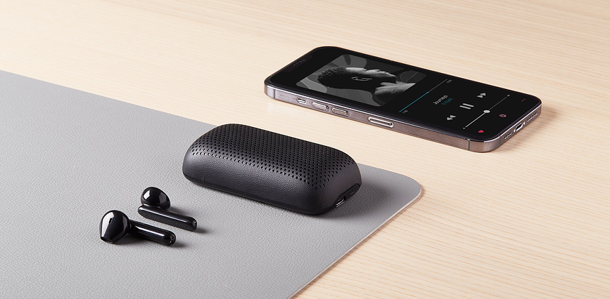 Auriculares inalámbricos Speakerbuds, con altavoz Bluetooth integrado, color camel