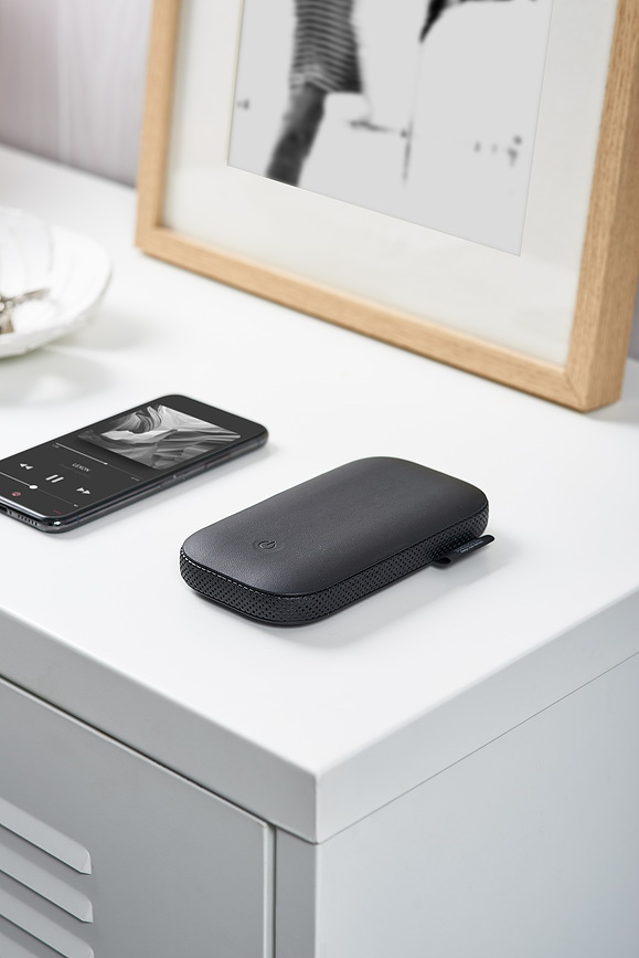 Powersound Brezžični polnilnik z zvočnikom, črn, usnjen