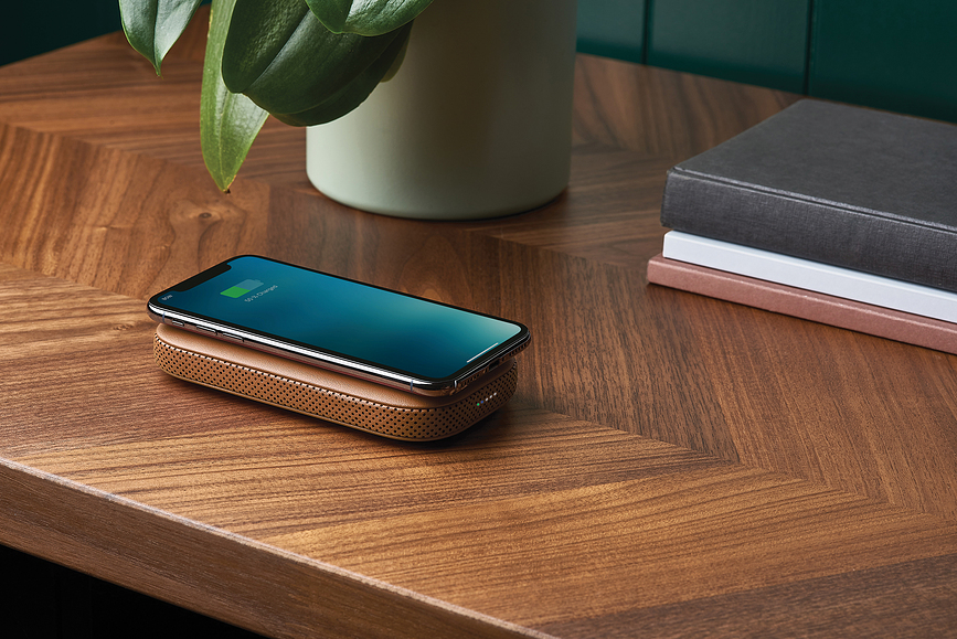 Powersound Chargeur sans fil avec haut-parleur, en cuir, noir