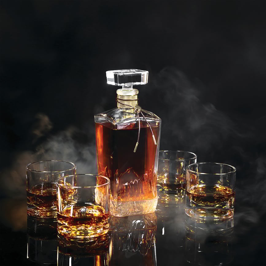 Decantador para whisky The American Peaks, con 4 vasos, Set de 5 piezas