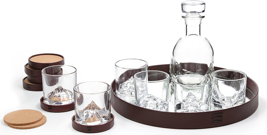 Luxury Peaks Karaffe für Whisky mit Gläser, Untersetzer und Tablett 14 El.