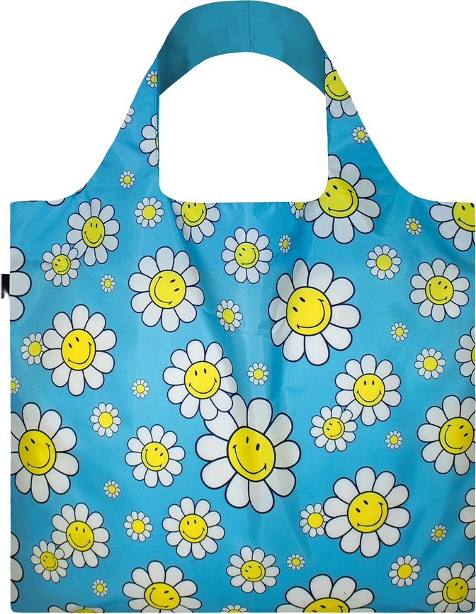 Bolsa reciclada LOQI Artist Smiley Flowers, talla S, azul