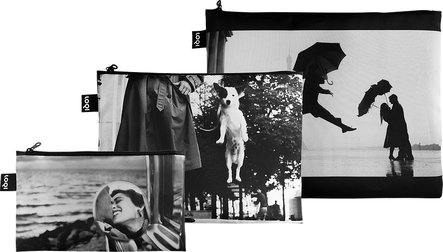 Estuches reciclados Museum Elliott Erwitt, con fotografías "Eiffel Tower", "Dog Jumping" y "California Kiss", Pack de 3 unidades