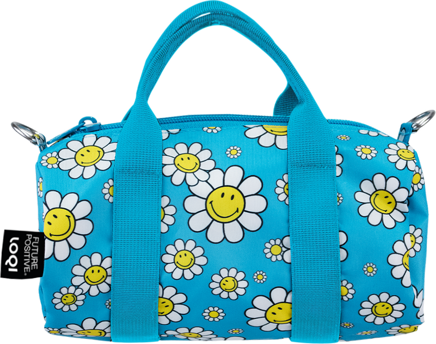 Geantă LOQI Weekender Artist Smiley Flowers S, albastră, din material reciclat