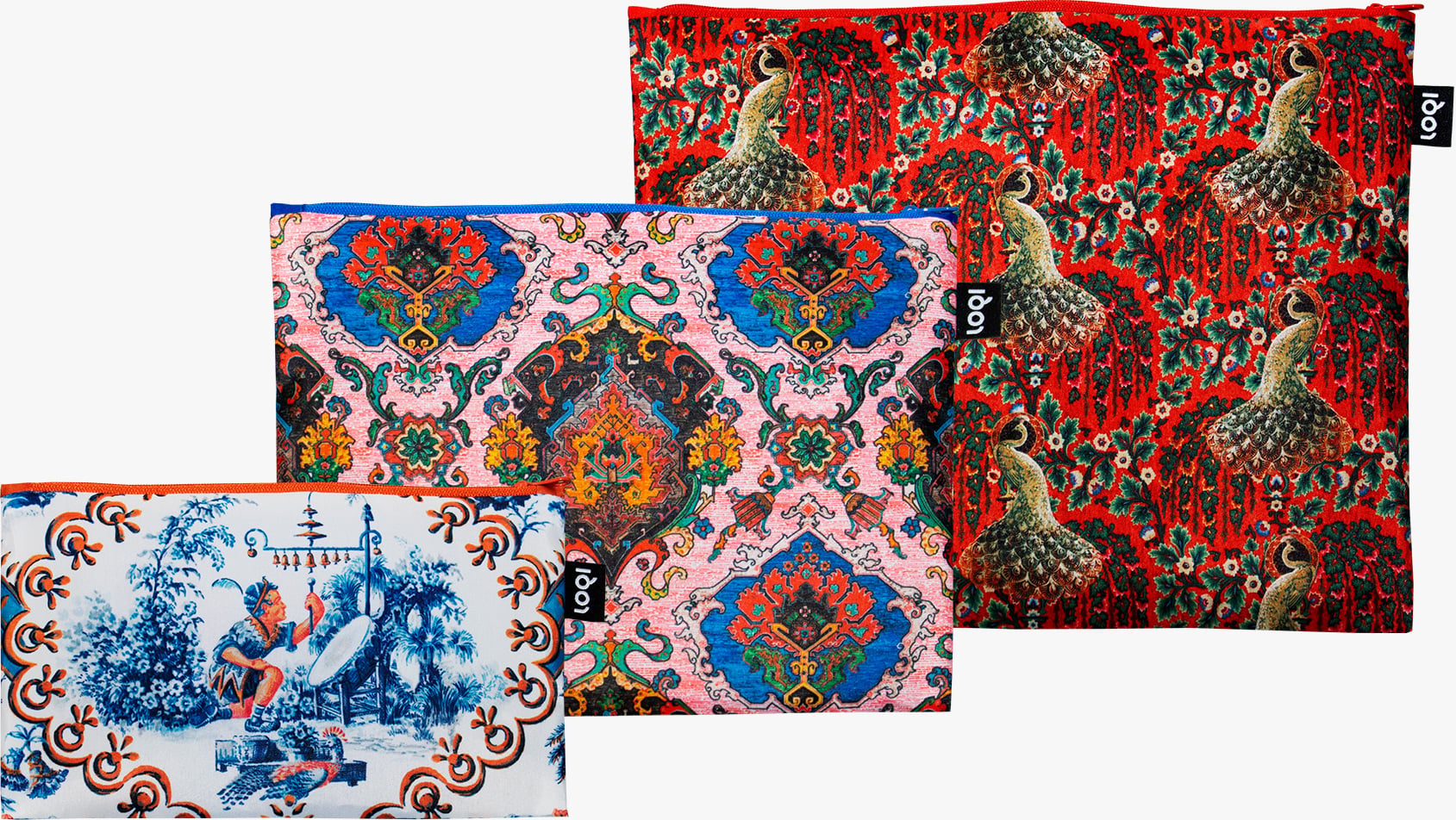 LOQI Artist Decorative Art Tapestry Toile de Jouy Peacock recycelte Beutel, 3 St.