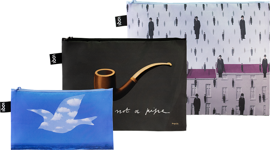 Museum Rene Magritte Pochettes, motifs Golconda, The Treachery of Images, The Promise, recyclées, Lot de 3