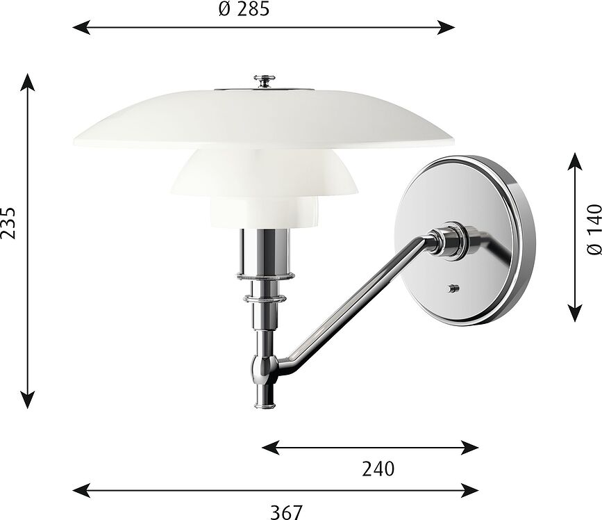 Aplique de pared de cromo PH, 28,5 cm, sin cable ni interruptor visibles