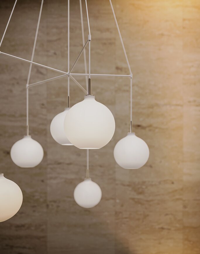 Dependant Suspension 6 lumières croisées, blanche, laiton