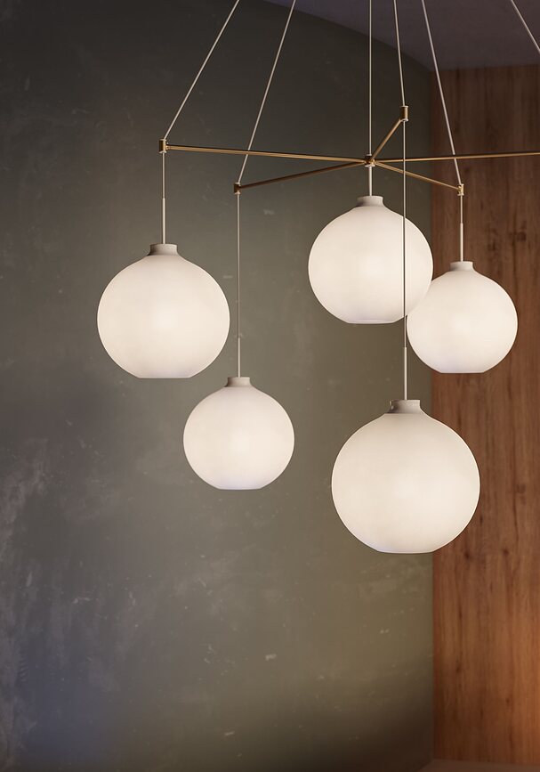 Dependant Suspension 6 lumières croisées, blanche, laiton