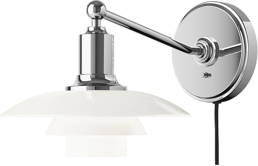 PH Vägglampa 20 cm, krom, med synlig kabel och strömbrytare