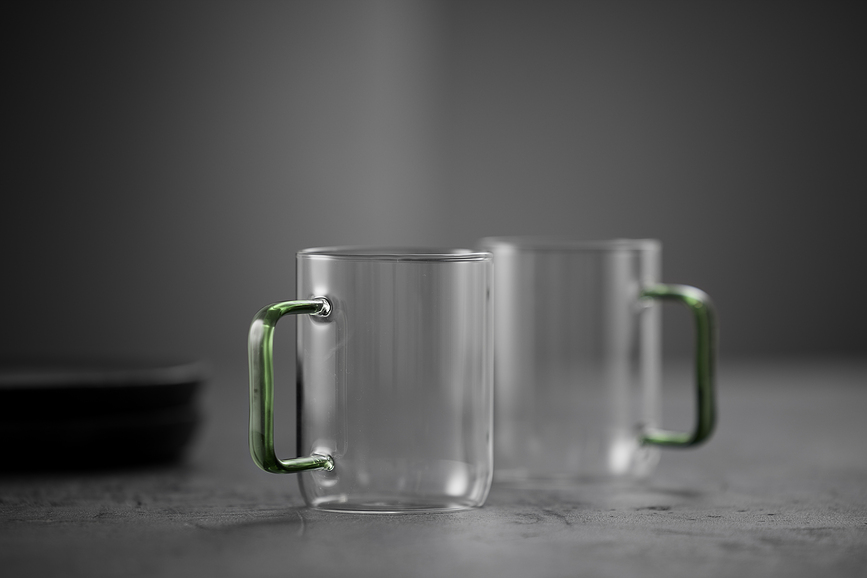 Torino Verres 400 ml, transparents, avec anse verte, Lot de 2