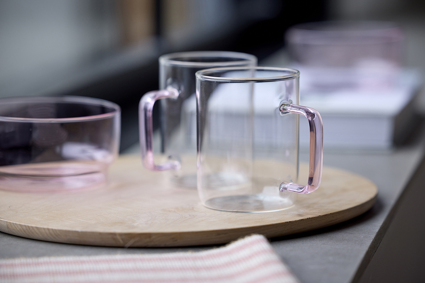 Vasos Torino 400 ml, transparentes, con asa verde, Pack de 2