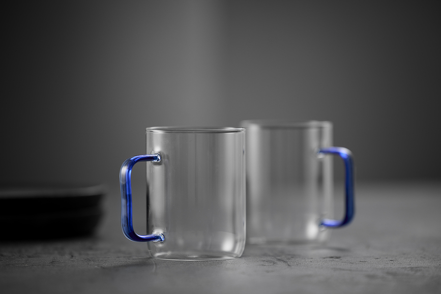 Vasos Torino 400 ml, transparentes, con asa verde, Pack de 2