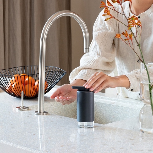 kitchen arrangement with Brabantia brand and soap dispenser