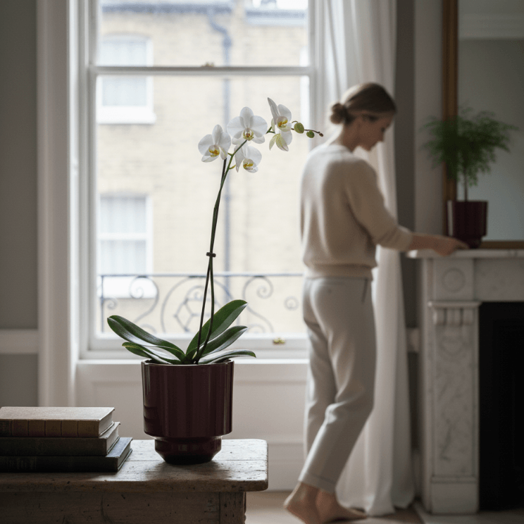 Pot Hoff bordeaux avec une orchidée