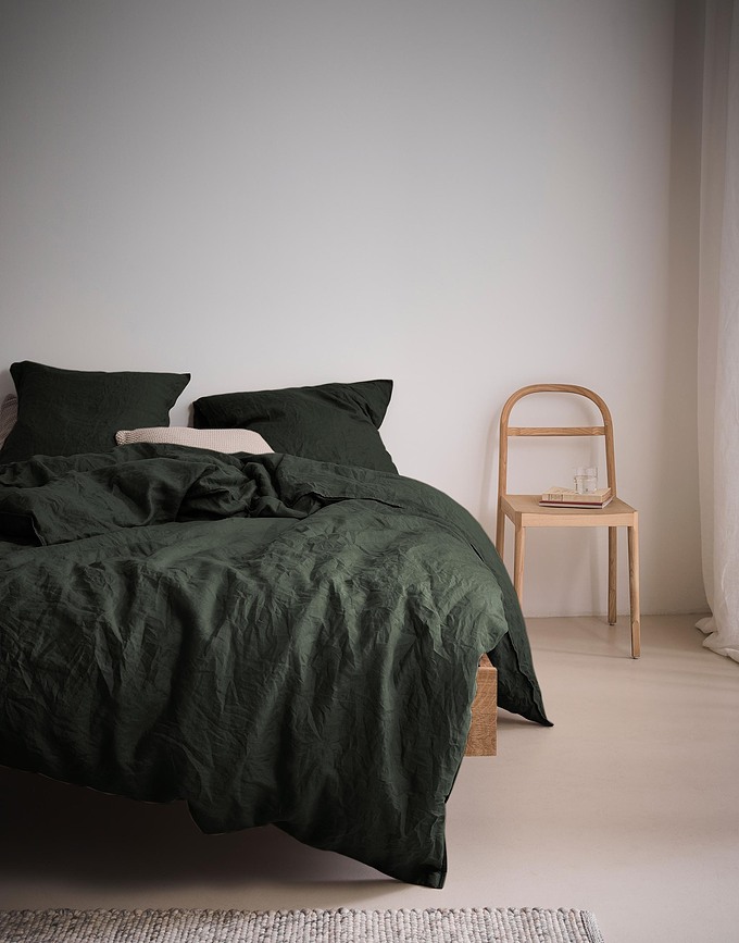 Juego de Funda Nórdica de lino Valka, 135 x 200 cm, verde oscuro, con funda de almohada 80 x 80 cm