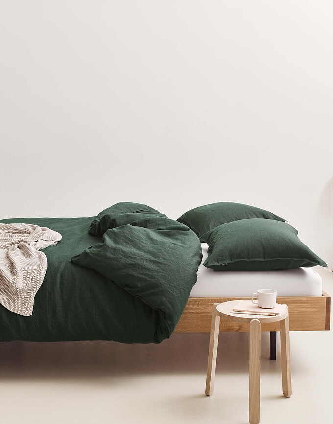 Juego de Funda Nórdica de lino Valka, 135 x 200 cm, verde oscuro, con funda de almohada 80 x 80 cm