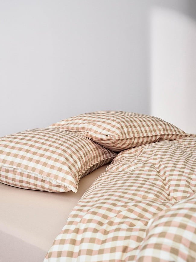 Juego de Funda Nórdica a cuadros Gyda, 260 x 220 cm, beige y rosa, cierre de solapa, 2 fundas de almohada 60 x 70 cm