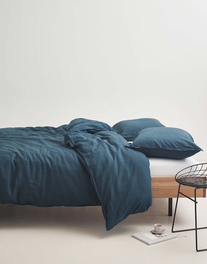 Valka Parure de Lit 200 x 220 cm, en lin, indigo, avec 2 taies d'oreiller 60 x 70 cm