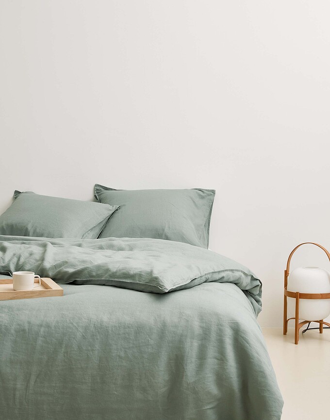 Valka Parure de Lit 200 x 220 cm, pistache, en lin, avec 2 taies d'oreiller 60 x 70 cm