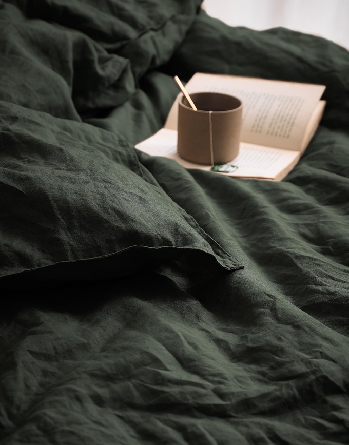 Valka Posteljina lanena tamnozelena 135 x 200 cm s jastučnicom 80 x 80 cm