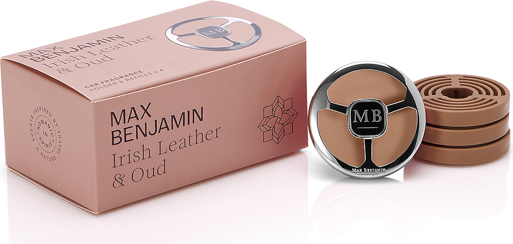 Max Benjamin Irish Leather & Oud Auto õhuvärskendaja koos täiendustega 5 tk.