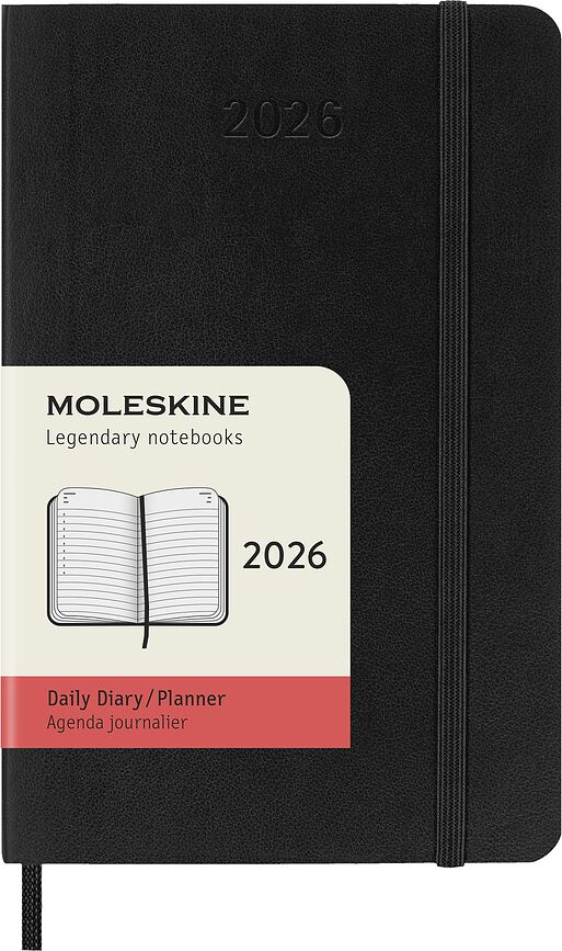 Agenda Diaria de tapa blanda Moleskine, 12 meses, 2026, formato P, negra