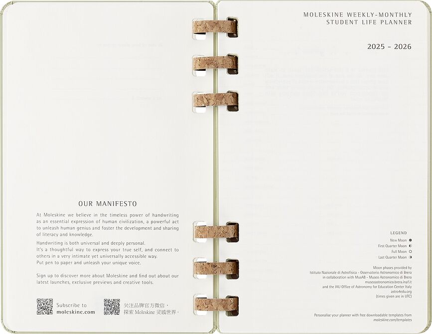 Moleskine Academic 2026 12M L planer na spirali, trda vezava, pistacija