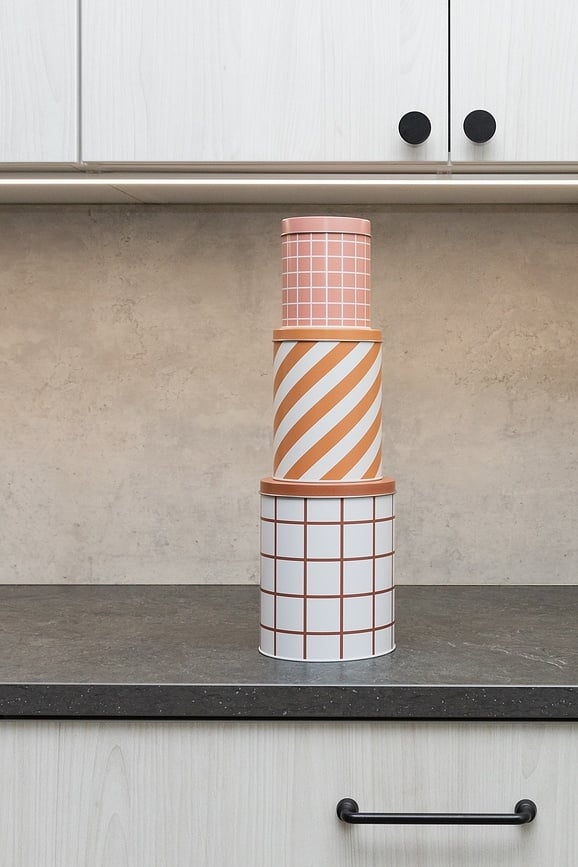 Checks & Stripes Boîtes de Rangement, rose, ocre et marron, Lot de 3