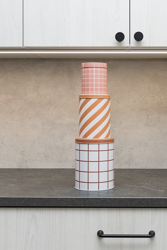 Contenedores de almacenamiento Checks & Stripes, rosa, ocre y marrón, 3 unidades