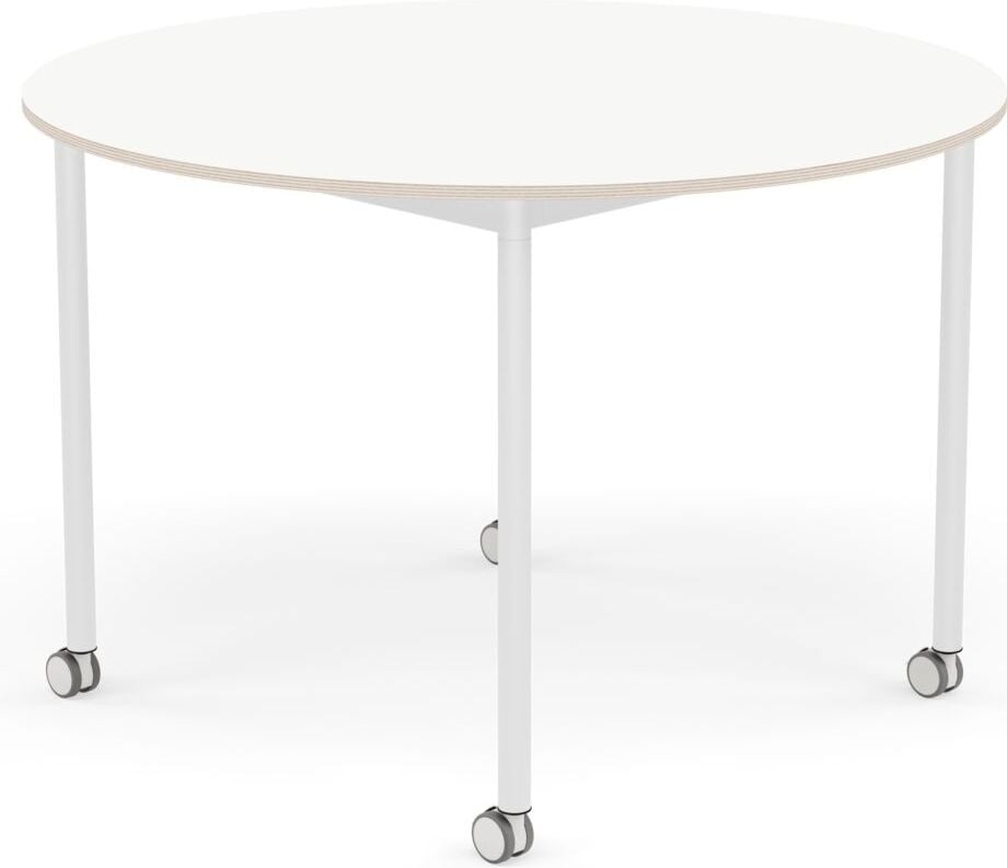 Base Tisch mit Rollen 110 cm rund weiß laminiert weiße Beine